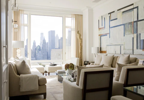 apartment living room with a view to the city skyline